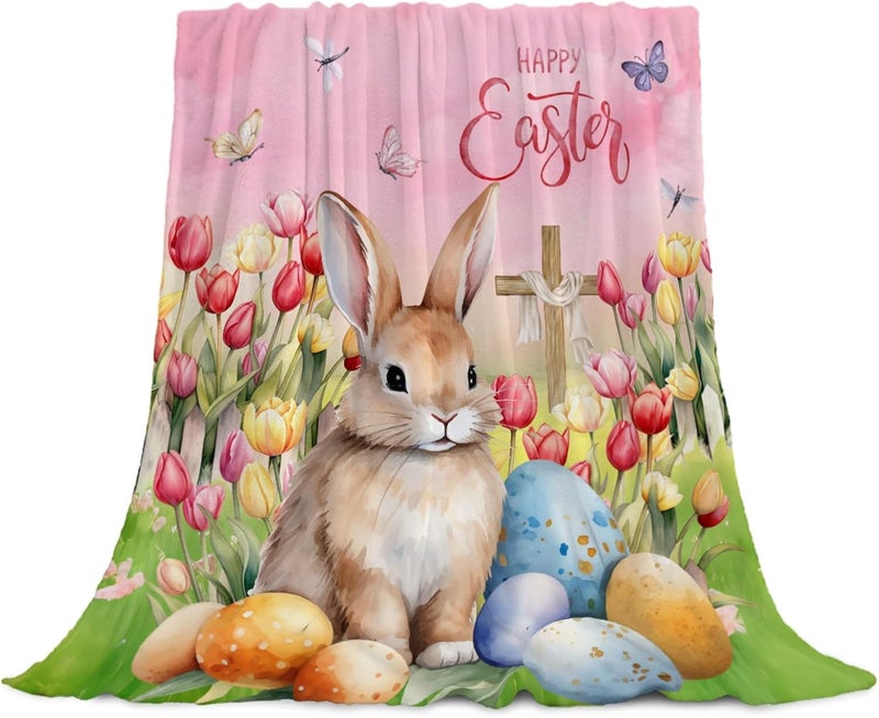 YeeJu Easter Throw Blanket Queen Size 90x90 Pink Rabbit Egg Blanket for Bed Couch Soft Cozy Fuzzy Plush Fleece Blanket Large Big Decorative Cute Spring Holiday Decorative Blanket 90 by 90 - Image 1